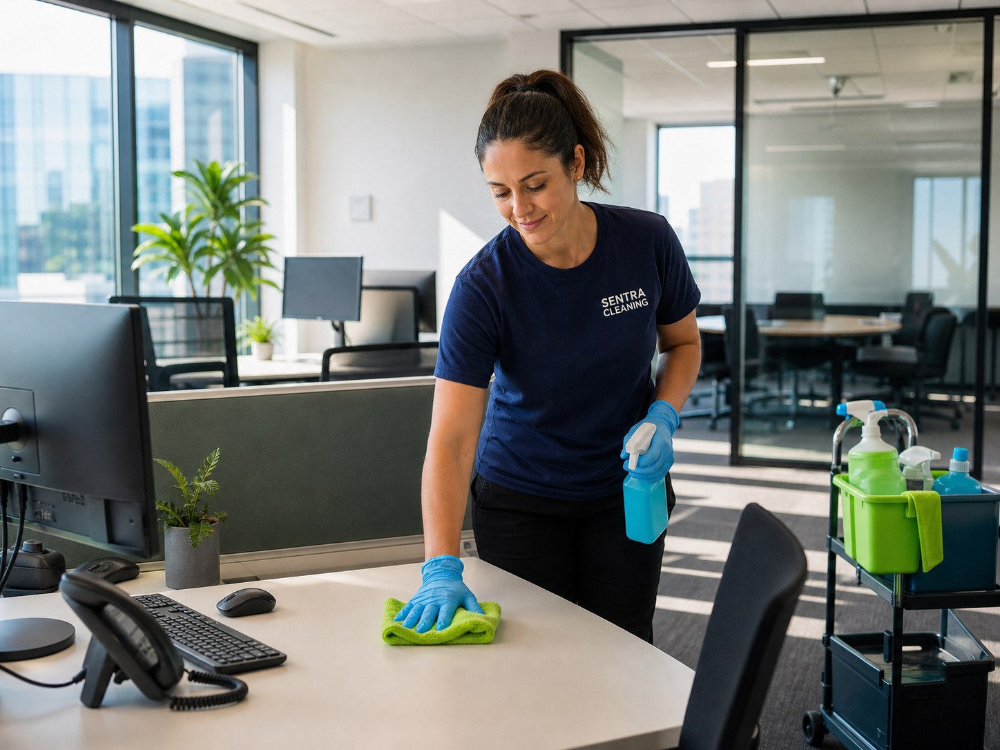Sentra Cleaning team member cleaning an office